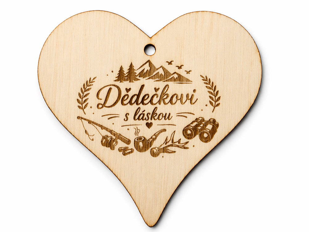 Dřevěné srdce s gravírováním – Dědečkovi s láskou (10 cm), motiv rybář a příroda